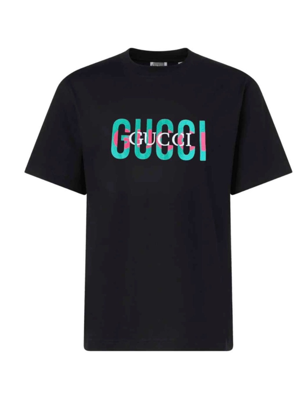 Gucci Black Tee with Teal and Pink Logo